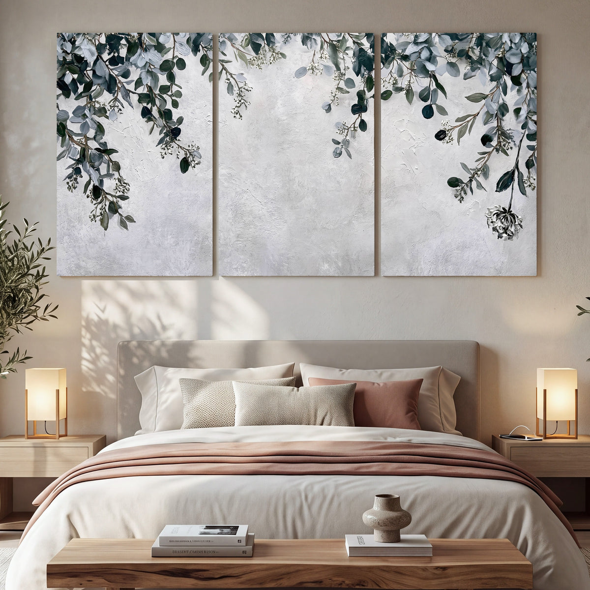 Eucalyptus leaves painting 3 piece canvas wall art in a bedroom above the bed