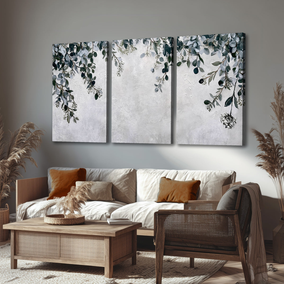 Eucalyptus leaves painting 3 piece canvas wall art in a rustic living room