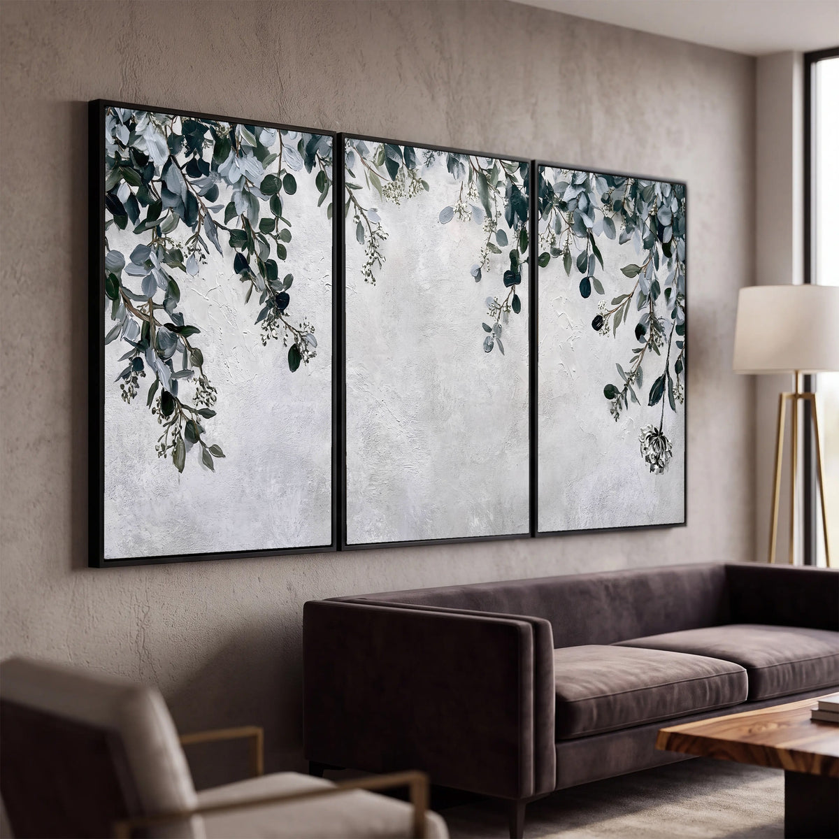 Eucalyptus leaves painting 3 piece canvas wall art in a modern living room