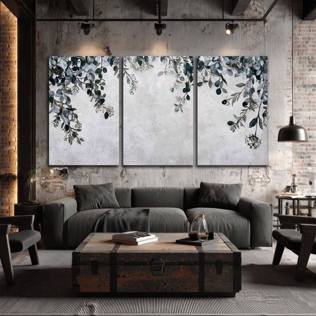 Eucalyptus leaves painting 3 piece canvas wall art in an industrial loft