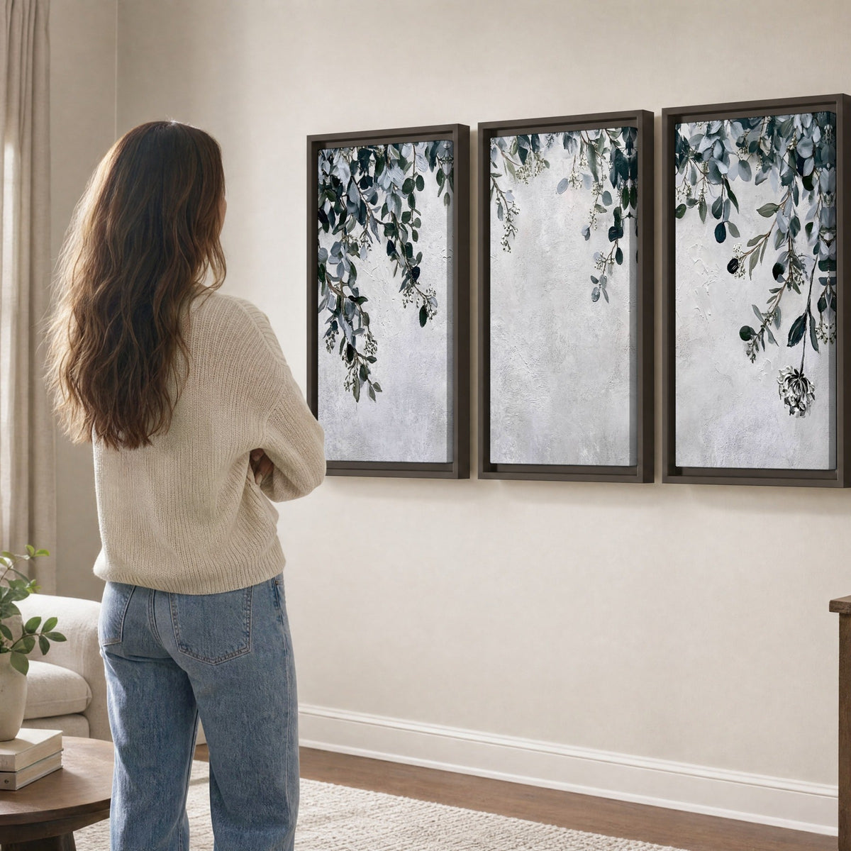 Eucalyptus leaves painting 3 piece framed canvas in a living room