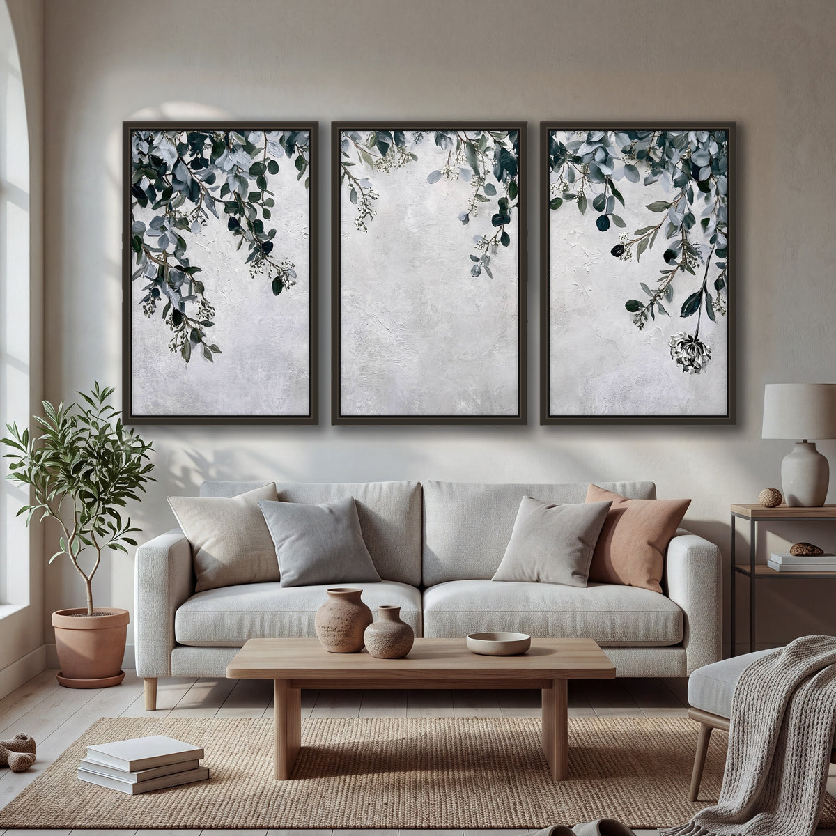 Eucalyptus leaves painting 3 piece framed canvas in a bright living room