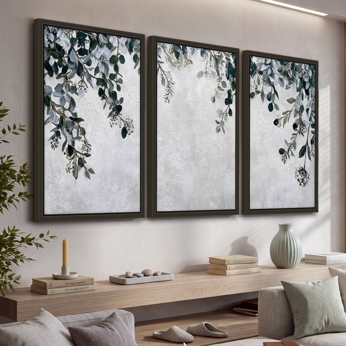 Eucalyptus leaves painting 3 piece framed canvas in a living room above a console