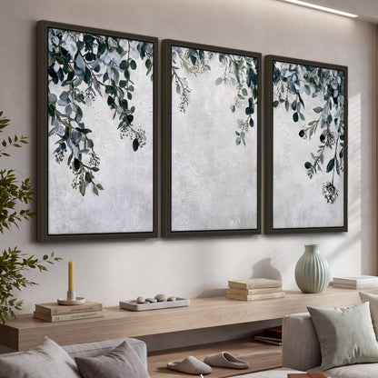 Eucalyptus leaves painting 3 piece framed canvas in a living room above a console