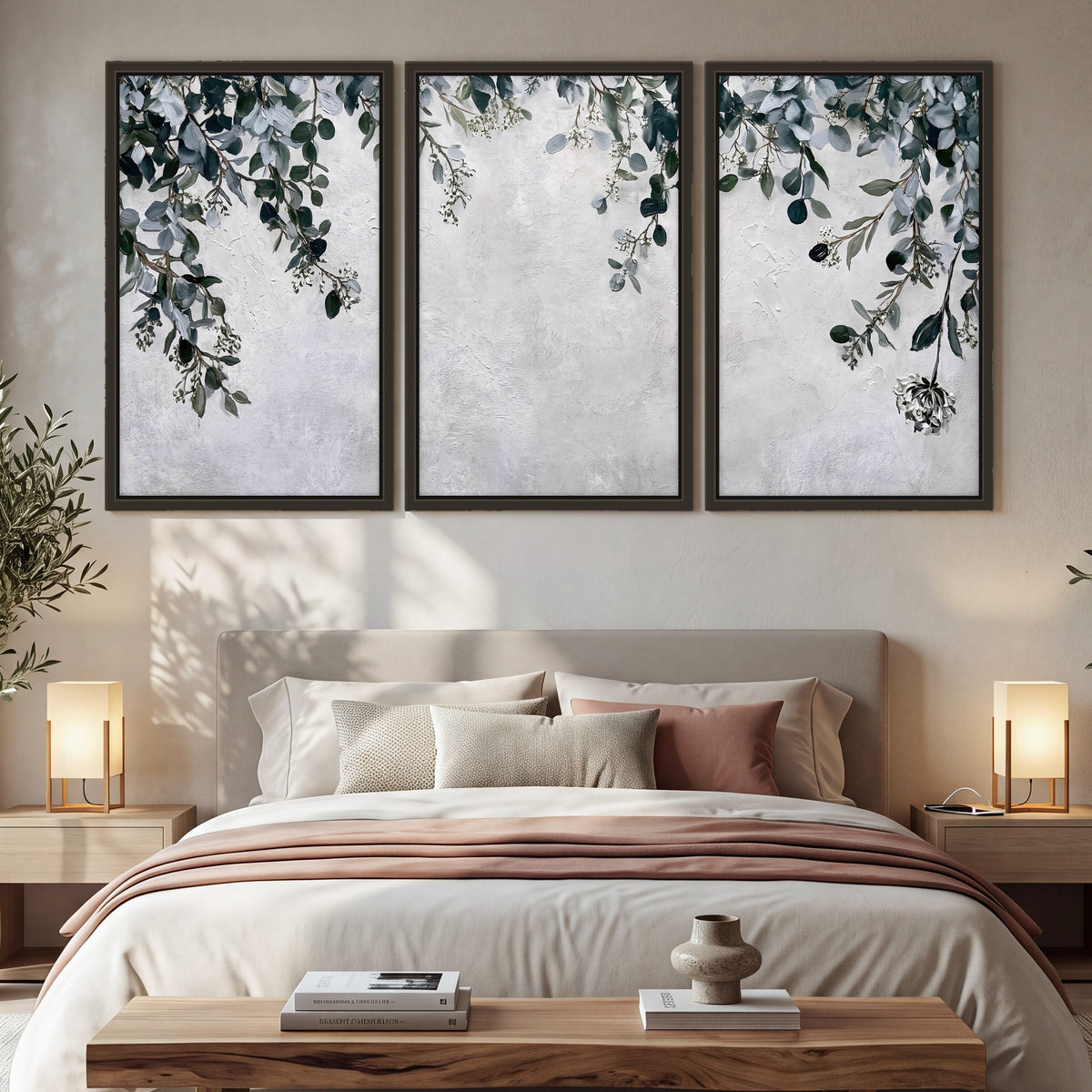 Eucalyptus leaves painting 3 piece framed canvas in a bedroom above the bed