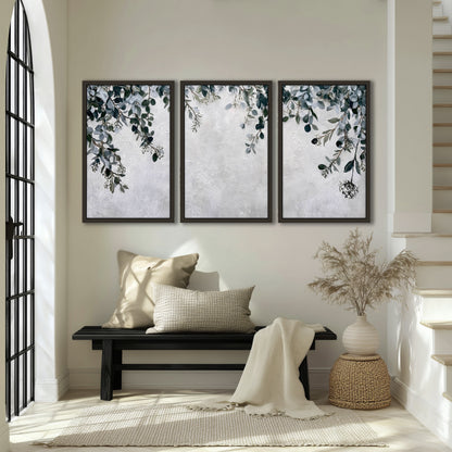 Eucalyptus leaves painting 3 piece framed canvas in an entryway above a bench