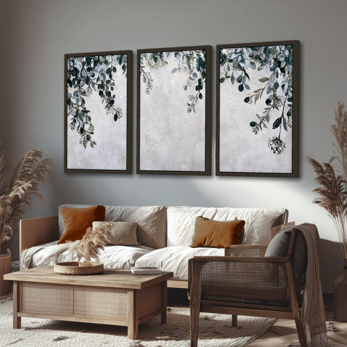 Eucalyptus leaves painting 3 piece framed canvas in a rustic living room
