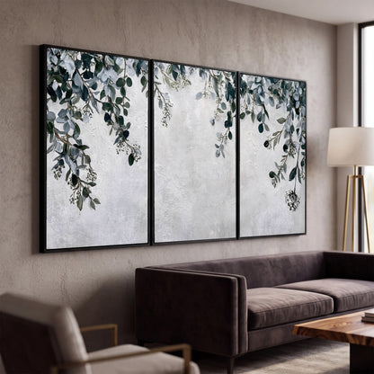 Eucalyptus leaves painting 3 piece framed canvas in a modern living room