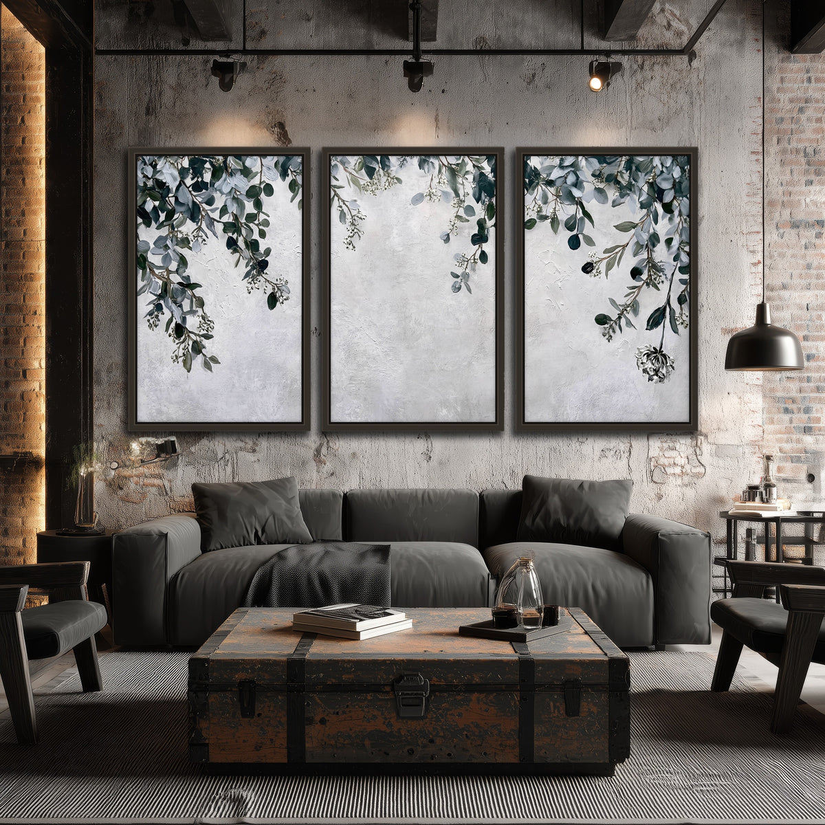 Eucalyptus leaves painting 3 piece framed canvas in an industrial loft