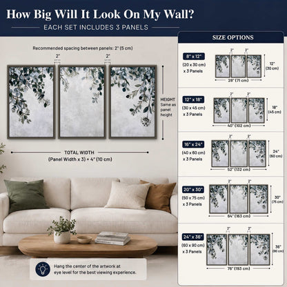 Eucalyptus leaves painting 3 piece framed canvas size guide above a sofa