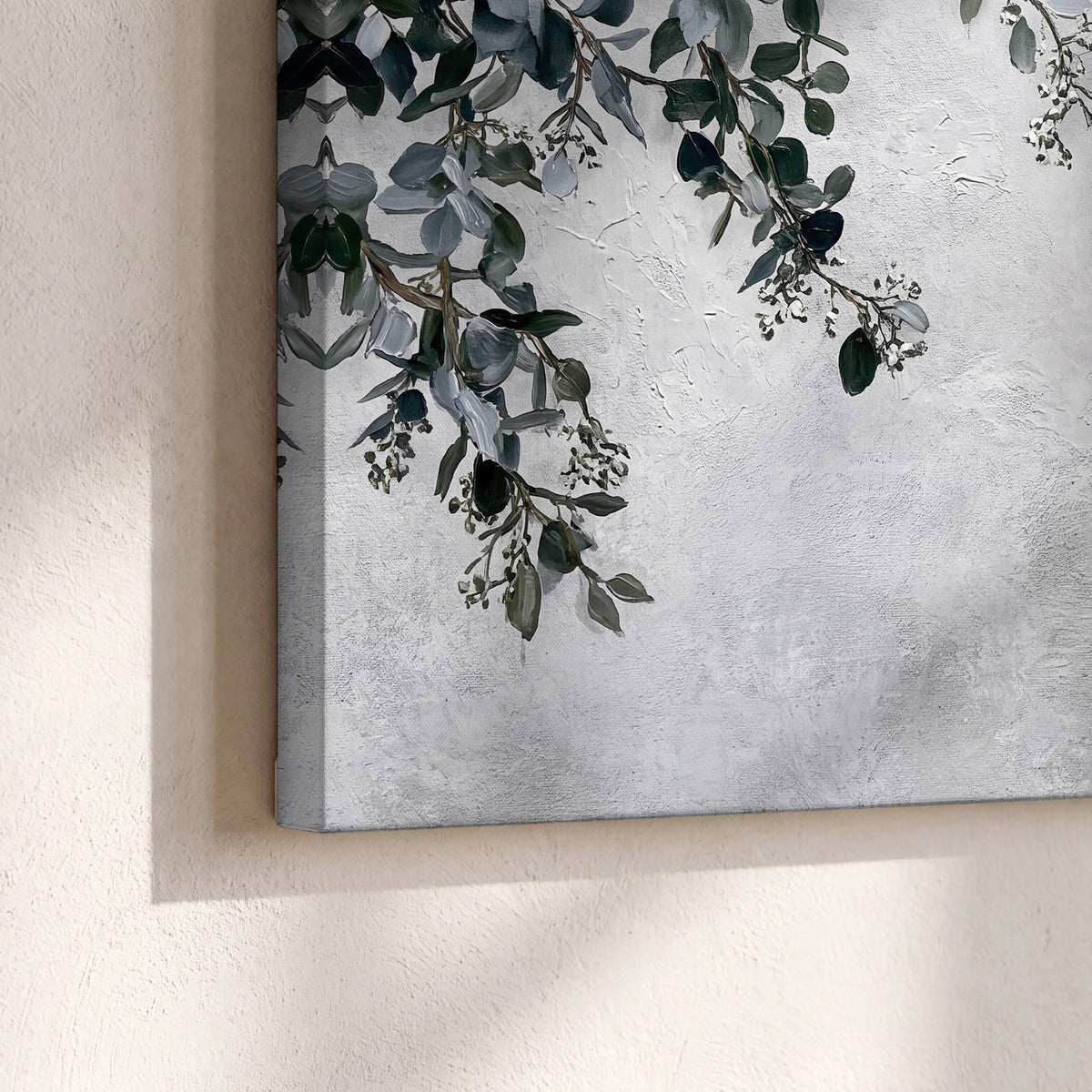 Eucalyptus leaves painting canvas print close-up showing the gallery-wrapped edge
