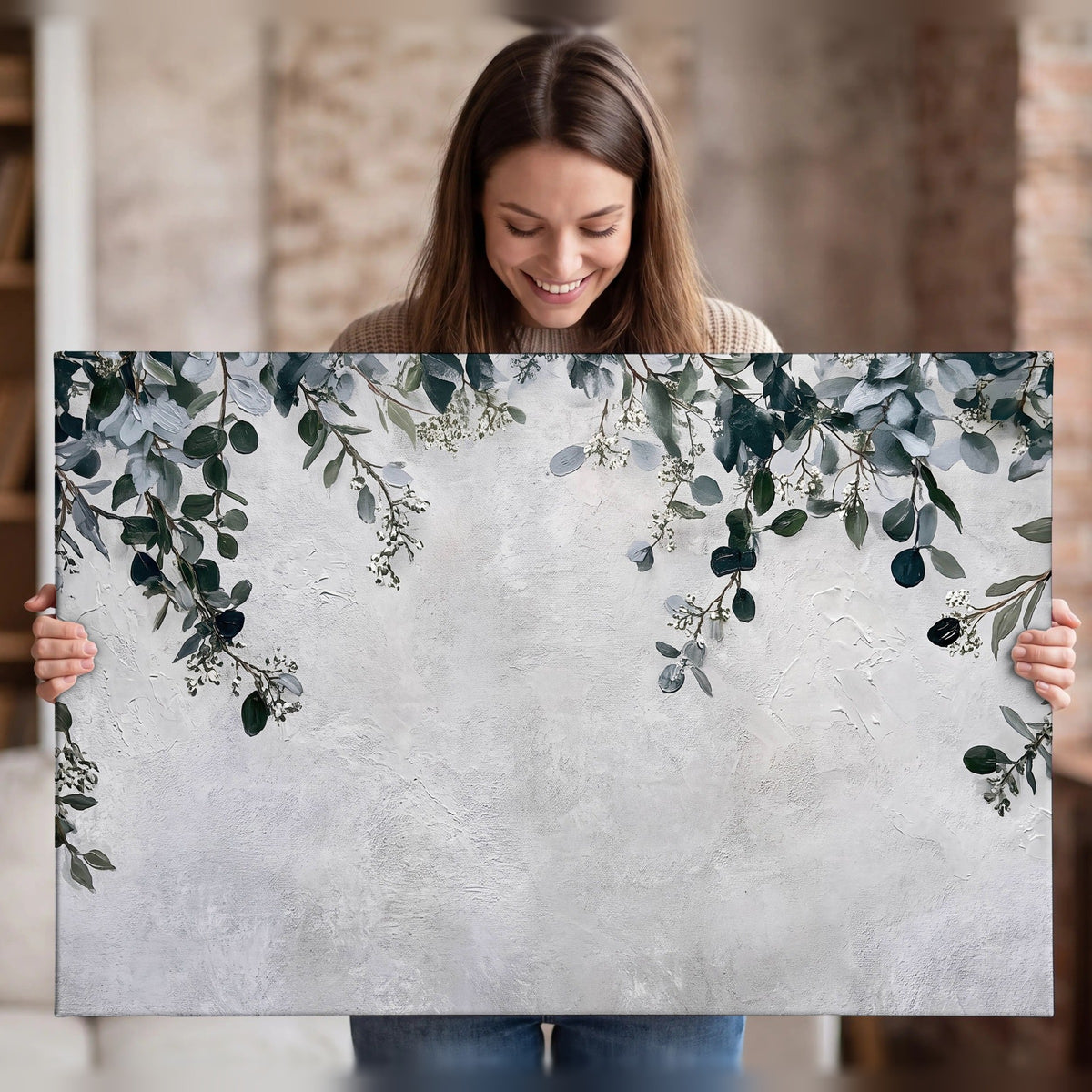 Eucalyptus leaves painting canvas wall art held in hands