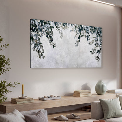 Eucalyptus leaves painting canvas wall art in a living room above a console