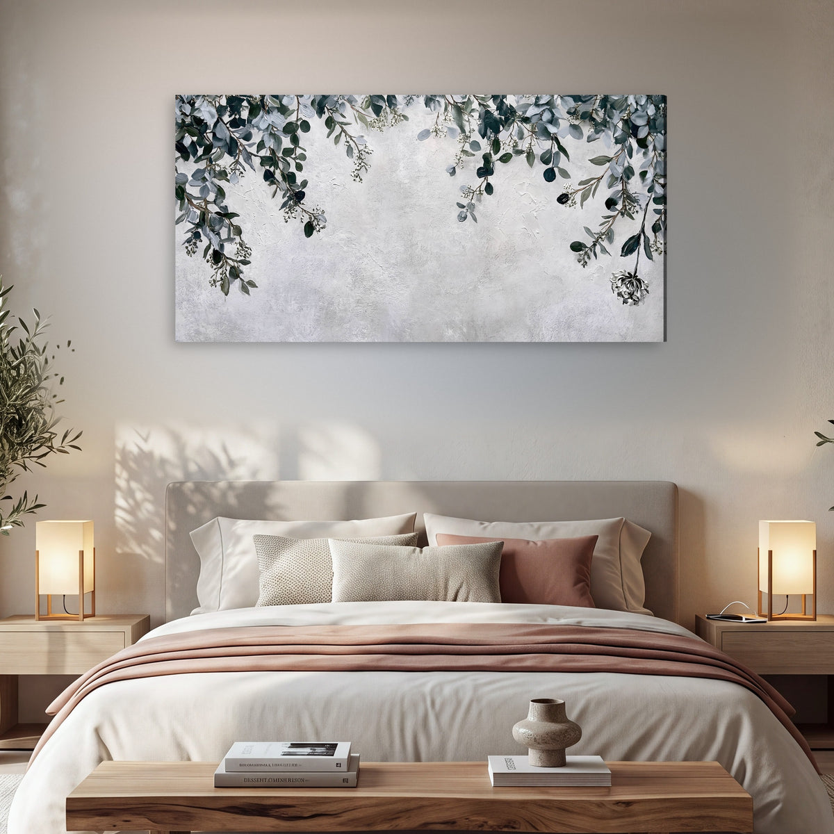 Eucalyptus leaves painting canvas wall art in a bedroom above the bed