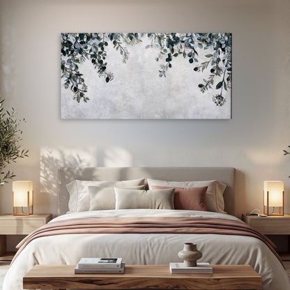 Eucalyptus leaves painting canvas wall art in a bedroom above the bed