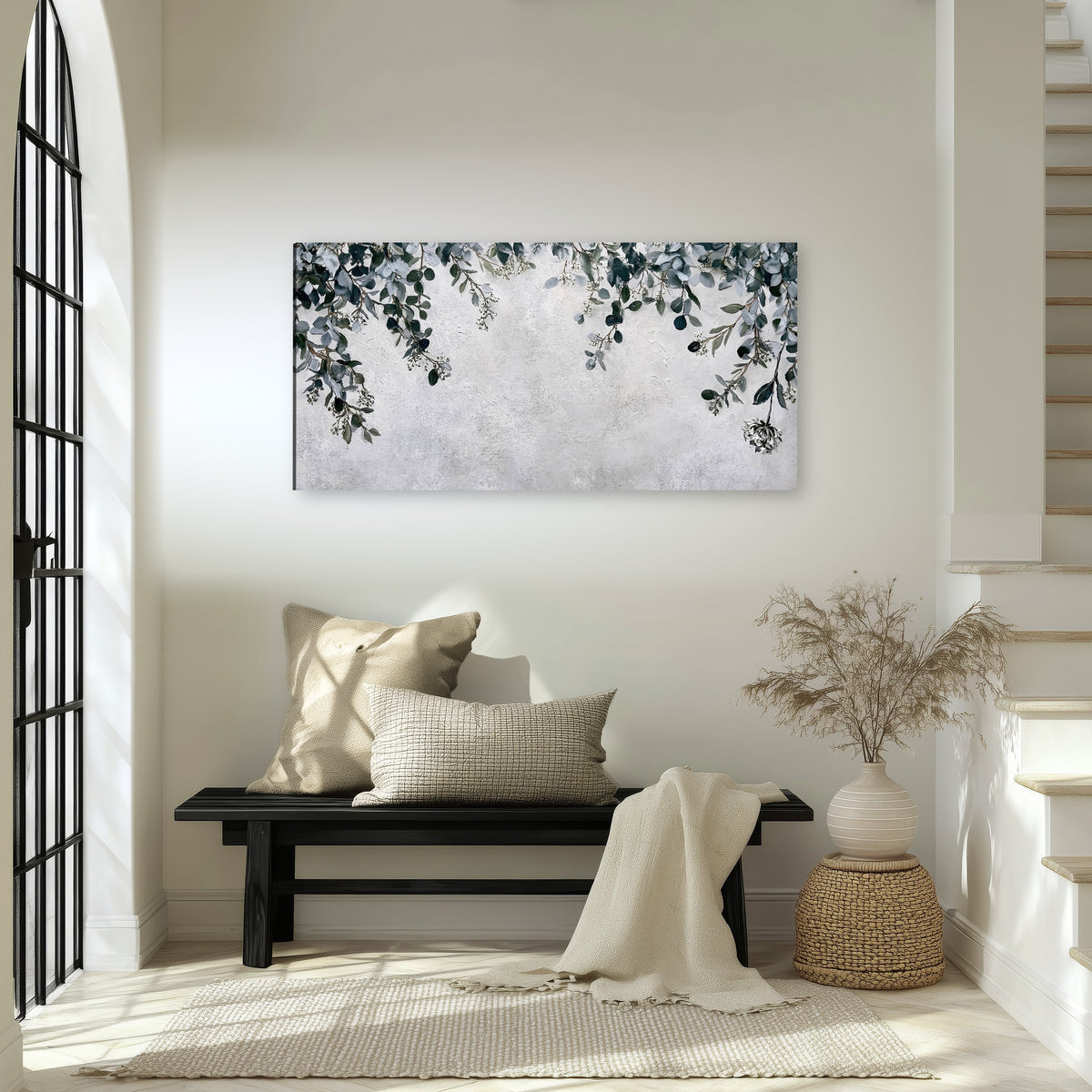 Eucalyptus leaves painting canvas wall art in an entryway above a bench