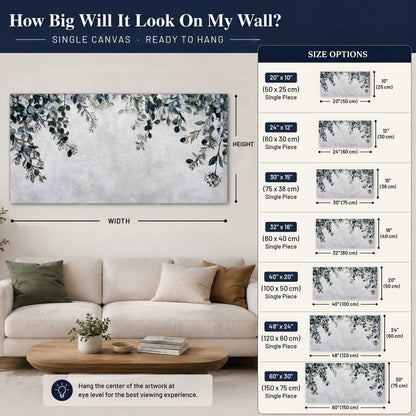 Eucalyptus leaves painting canvas wall art size guide above a sofa