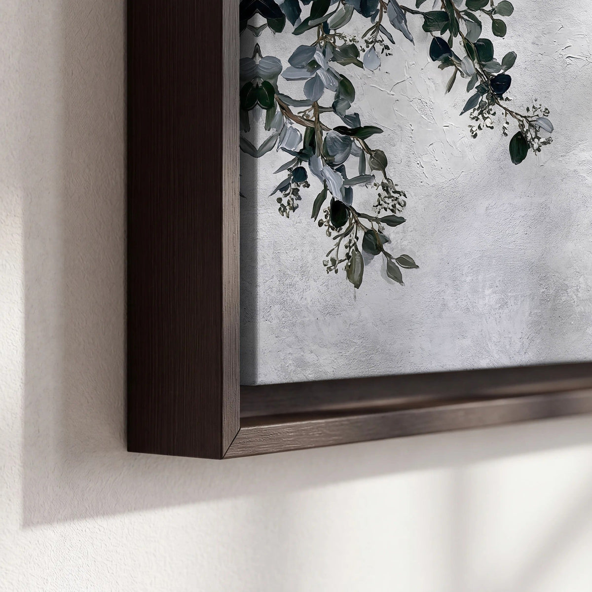 Eucalyptus leaves painting framed canvas close-up showing the floating frame