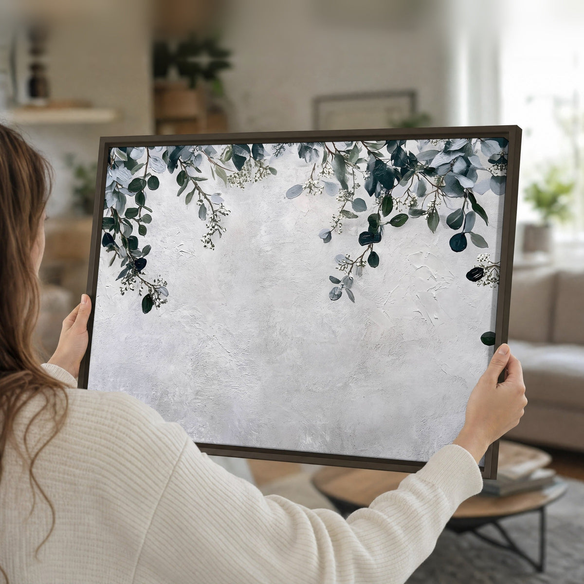 Eucalyptus leaves painting framed canvas held in hands