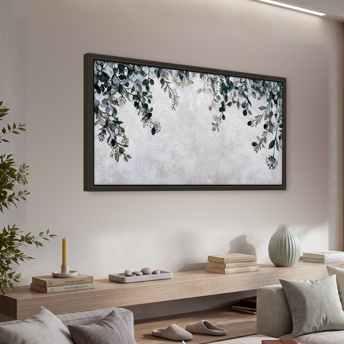 Eucalyptus leaves painting framed canvas wall art in a living room above a console