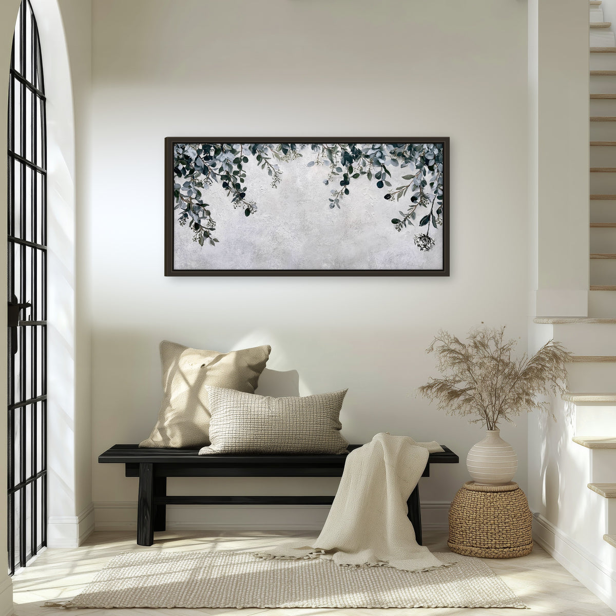 Eucalyptus leaves painting framed canvas wall art in an entryway above a bench