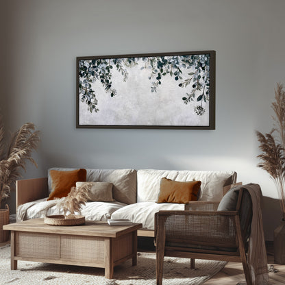 Eucalyptus leaves painting framed canvas wall art in a rustic living room