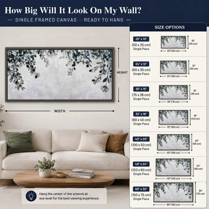 Eucalyptus leaves painting framed canvas wall art size guide above a sofa