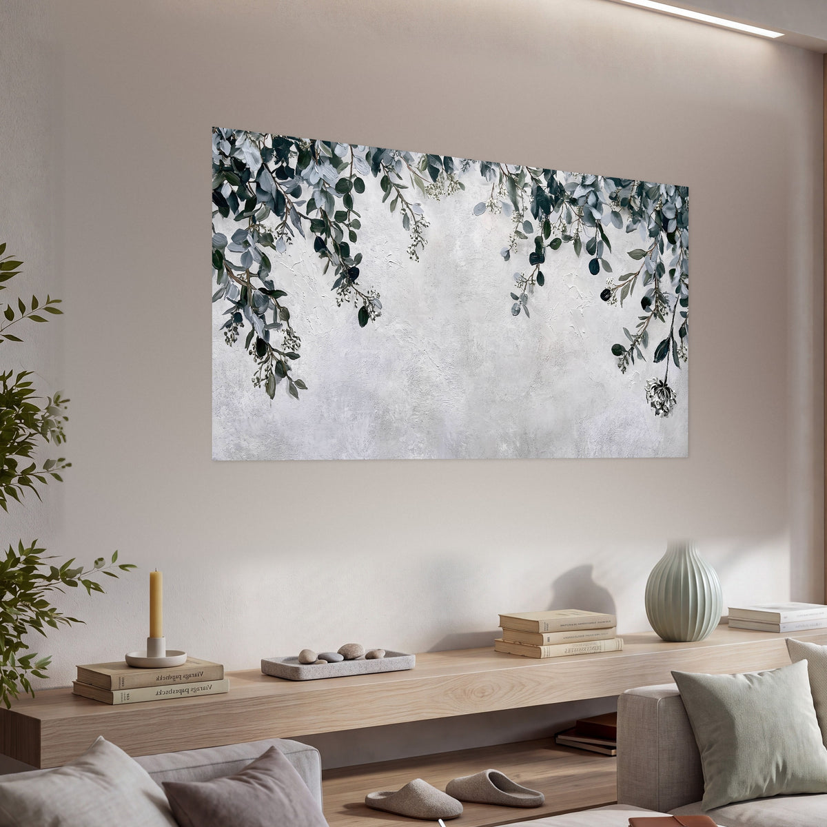 Eucalyptus leaves painting poster print in a living room above a console