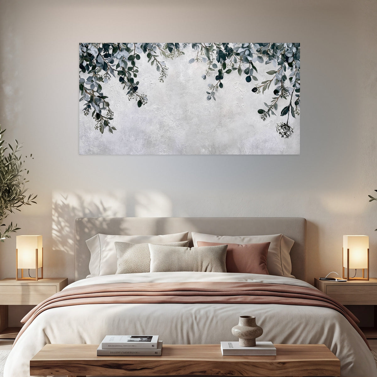 Eucalyptus leaves painting poster print in a bedroom above the bed