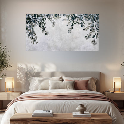 Eucalyptus leaves painting poster print in a bedroom above the bed
