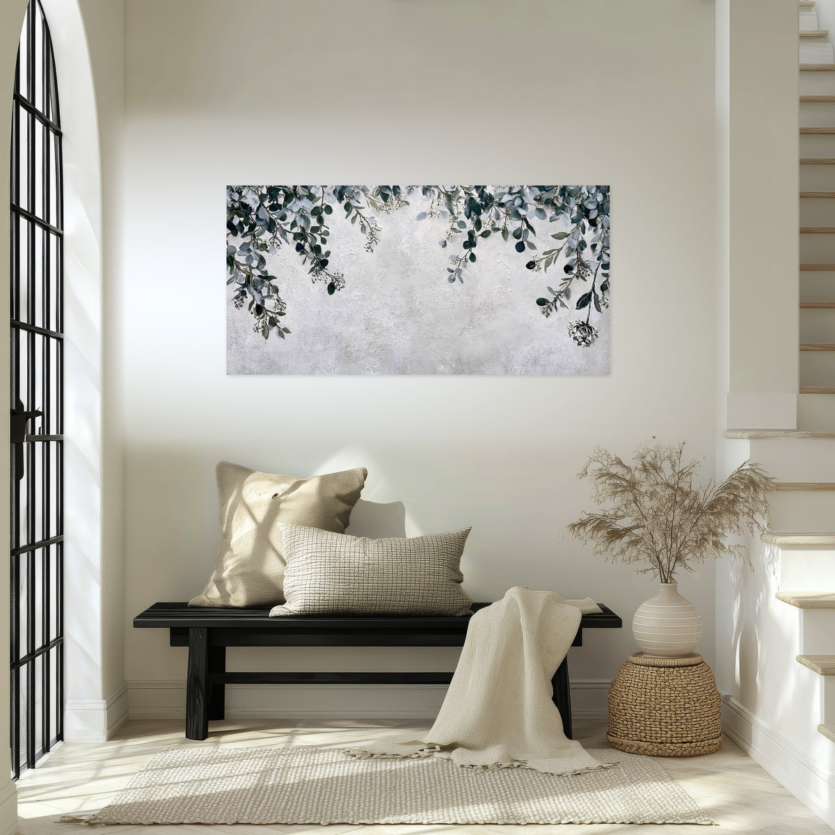 Eucalyptus leaves painting poster print in an entryway above a bench