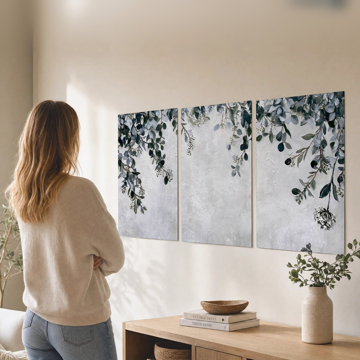 Eucalyptus leaves painting set of 3 poster prints in a living room