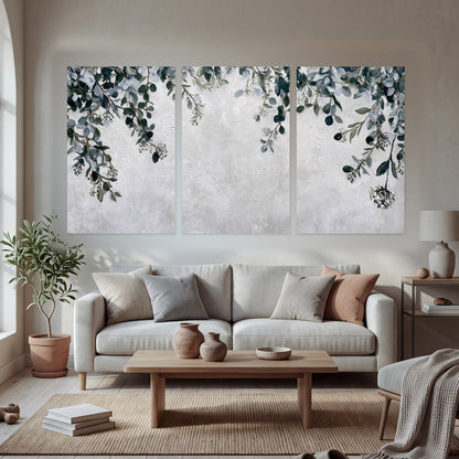 Eucalyptus leaves painting set of 3 poster prints in a bright living room