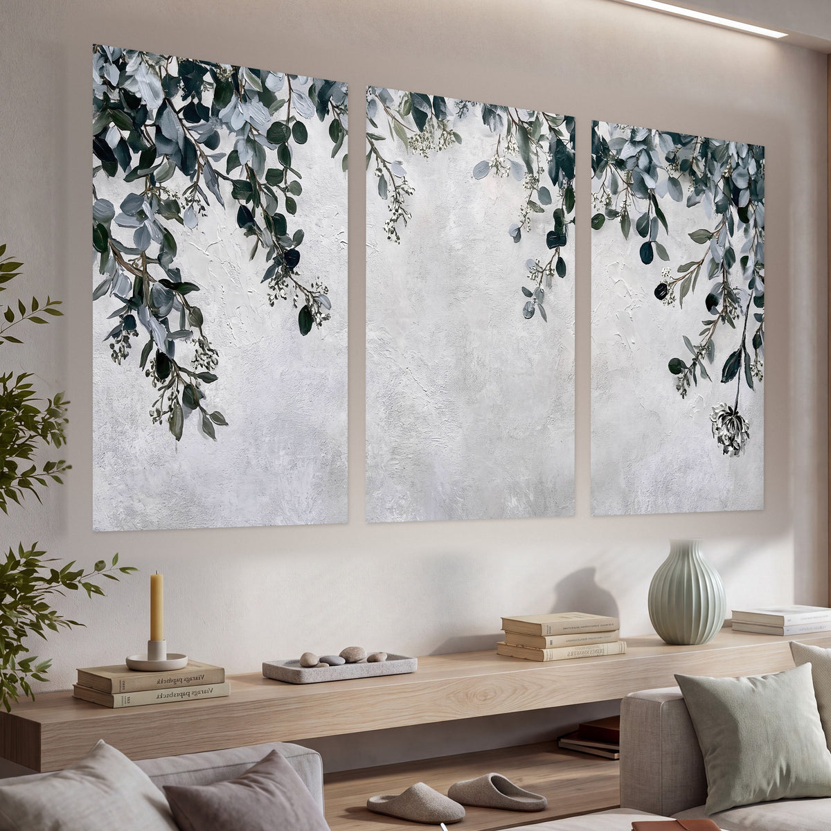 Eucalyptus leaves painting set of 3 poster prints in a living room above a console