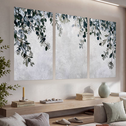 Eucalyptus leaves painting set of 3 poster prints in a living room above a console