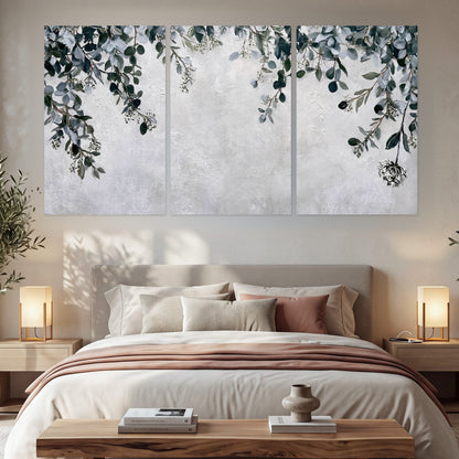 Eucalyptus leaves painting set of 3 poster prints in a bedroom above the bed