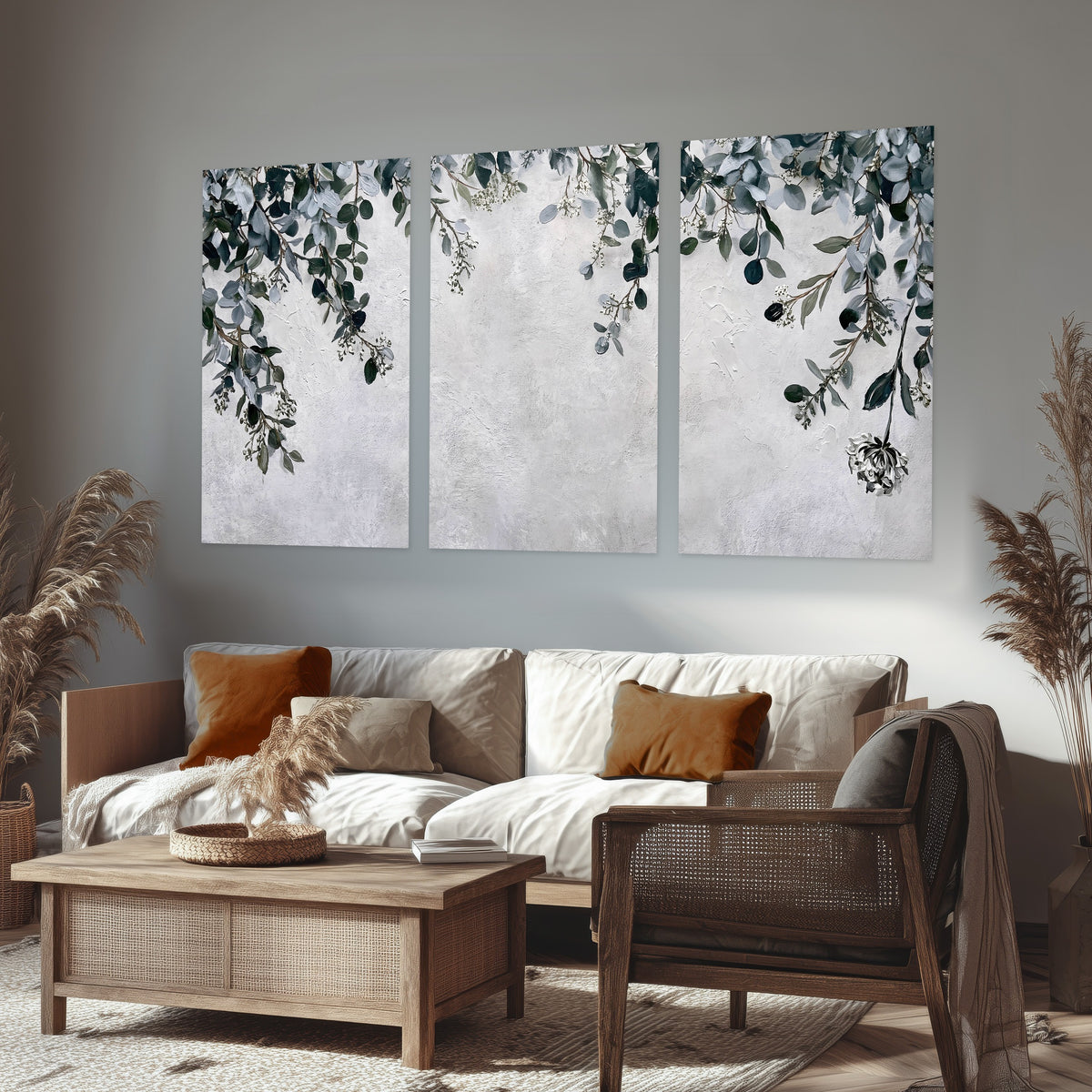 Eucalyptus leaves painting set of 3 poster prints in a rustic living room