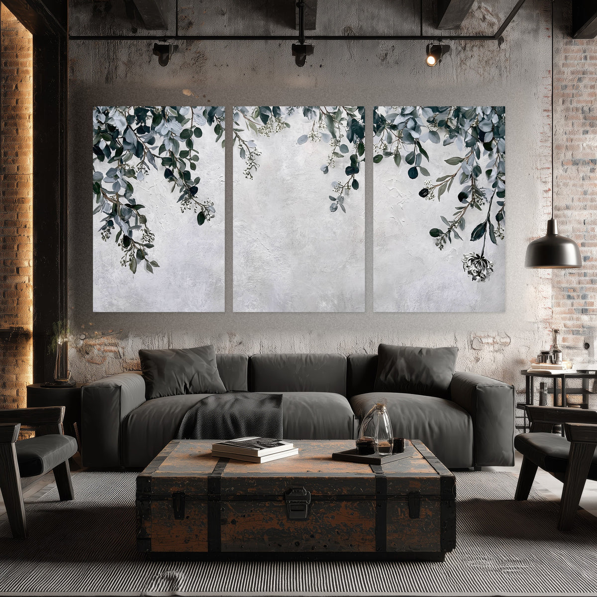 Eucalyptus leaves painting set of 3 poster prints in an industrial loft