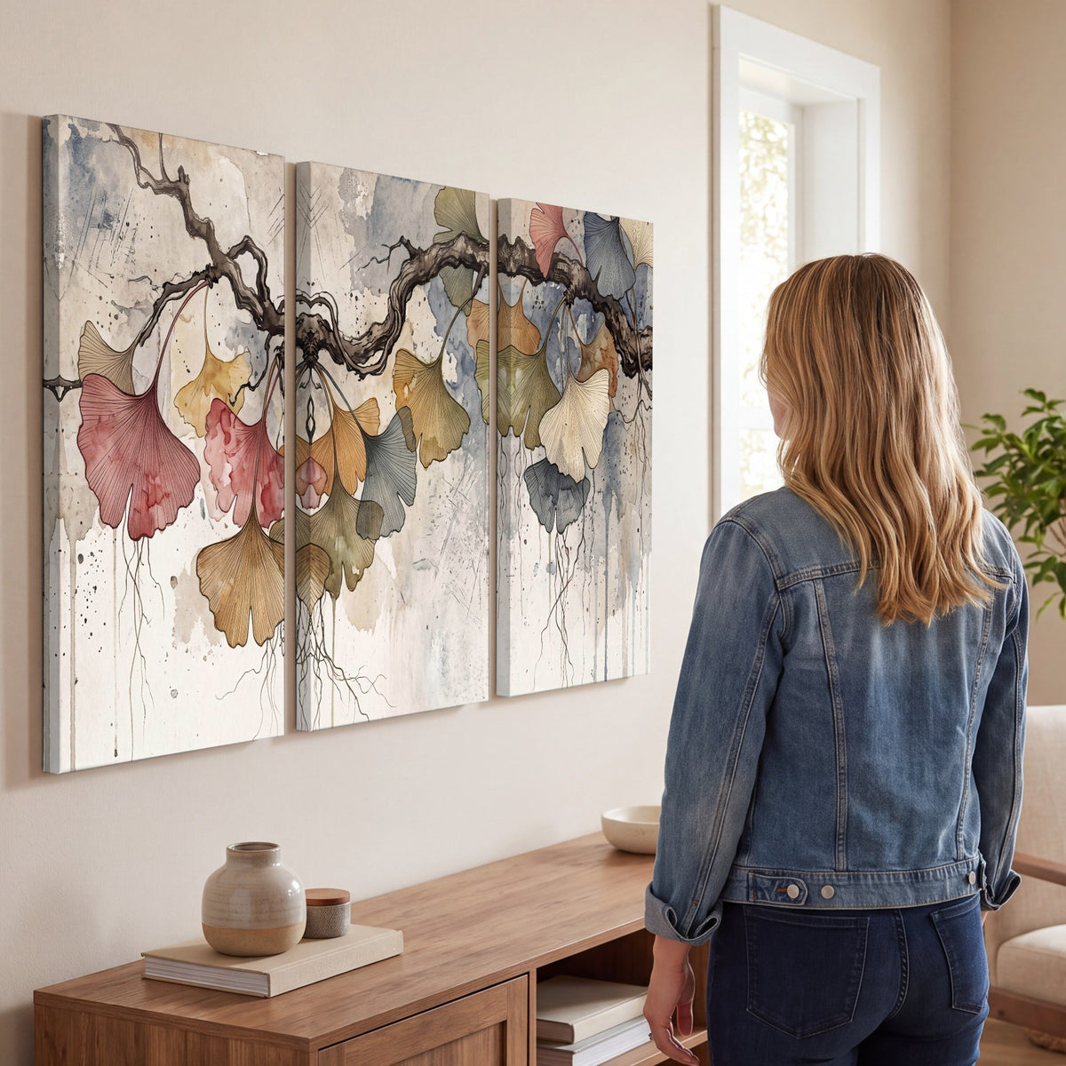 Ginkgo leaves watercolor painting 3 piece canvas wall art in a living room