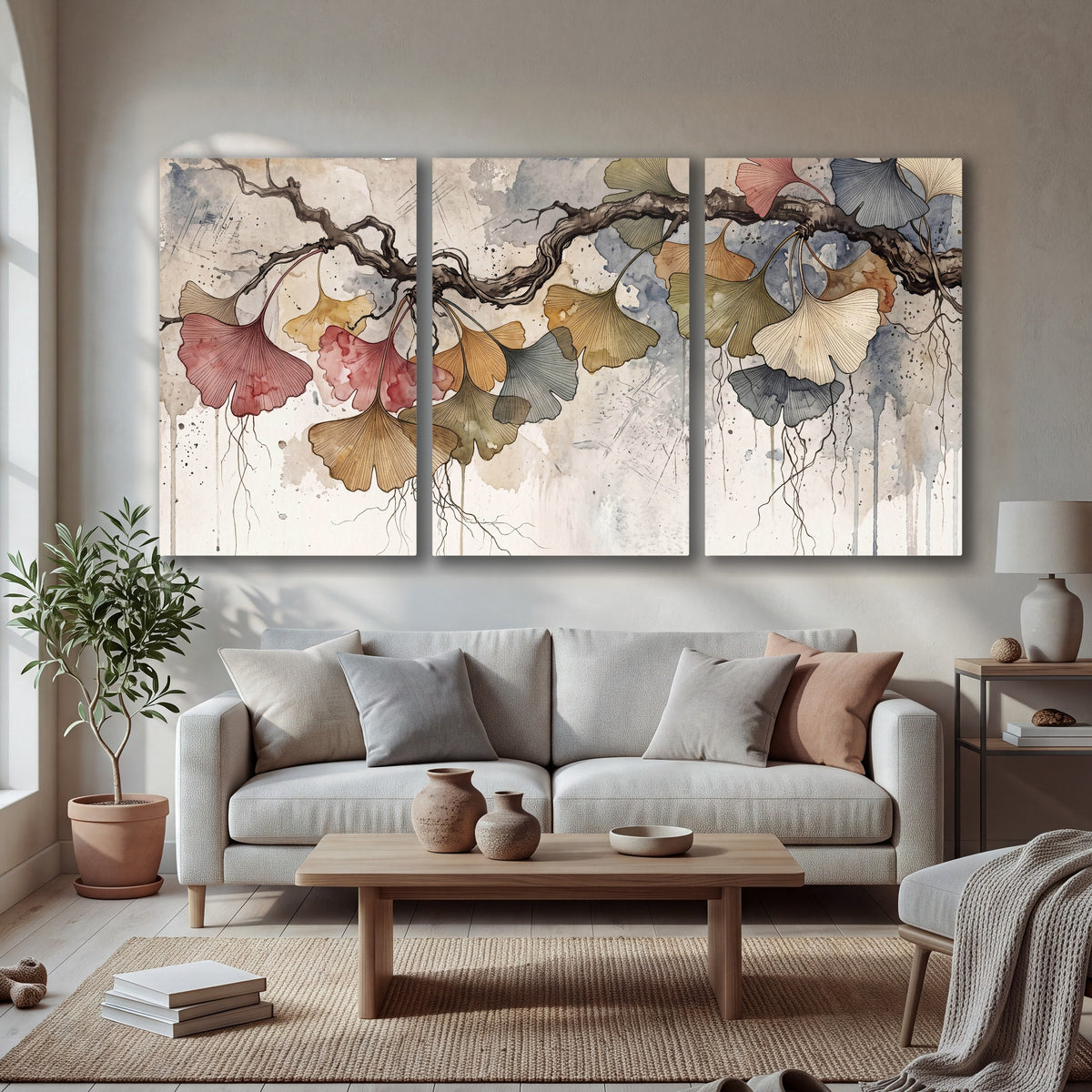 Ginkgo leaves watercolor painting 3 piece canvas wall art in a bright living room