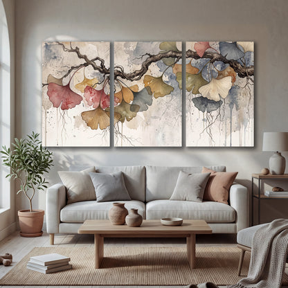 Ginkgo leaves watercolor painting 3 piece canvas wall art in a bright living room
