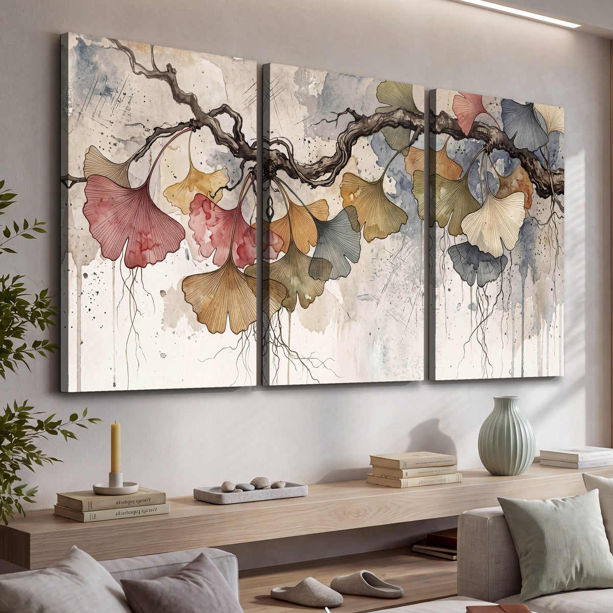 Ginkgo leaves watercolor painting 3 piece canvas wall art in a living room above a console