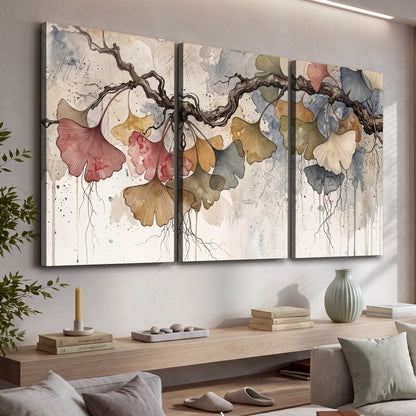 Ginkgo leaves watercolor painting 3 piece canvas wall art in a living room above a console