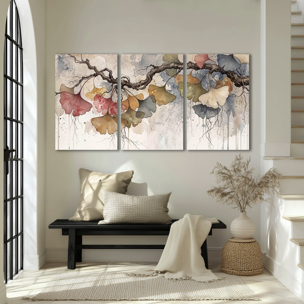 Ginkgo leaves watercolor painting 3 piece canvas wall art in an entryway above a bench