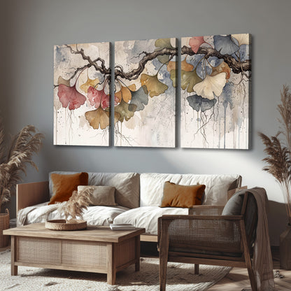 Ginkgo leaves watercolor painting 3 piece canvas wall art in a rustic living room