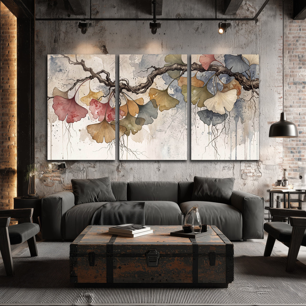 Ginkgo leaves watercolor painting 3 piece canvas wall art in an industrial loft