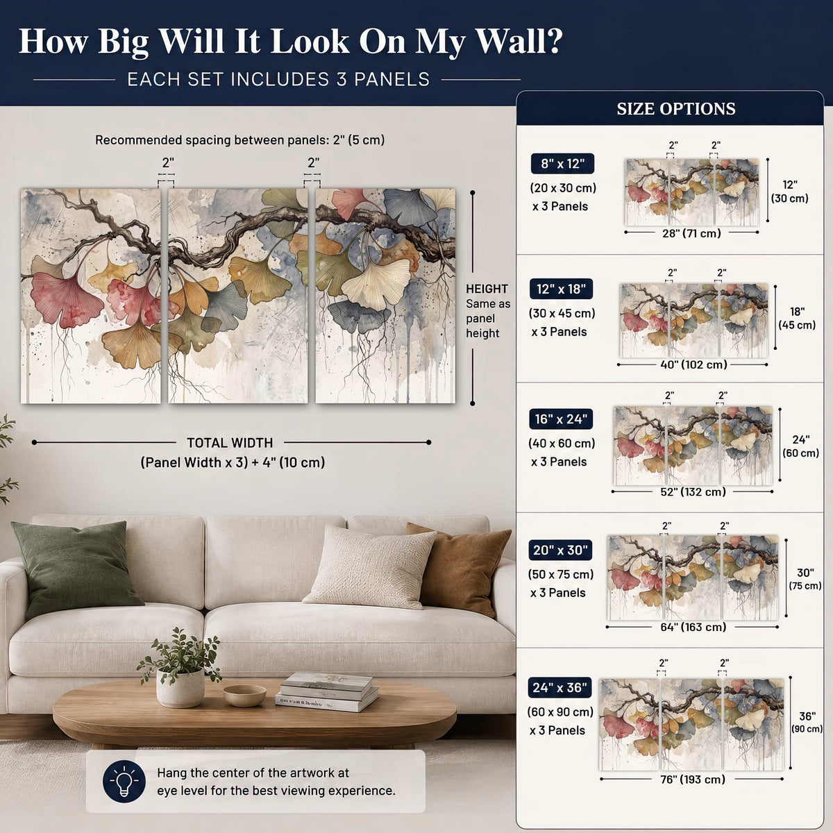Ginkgo leaves watercolor painting 3 piece canvas wall art size guide above a sofa