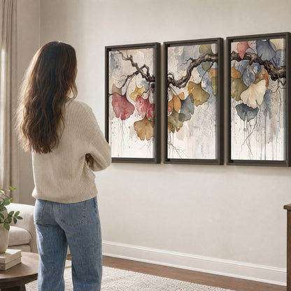 Ginkgo leaves watercolor painting 3 piece framed canvas in a living room
