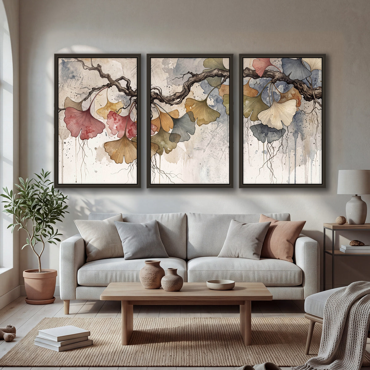 Ginkgo leaves watercolor painting 3 piece framed canvas in a bright living room