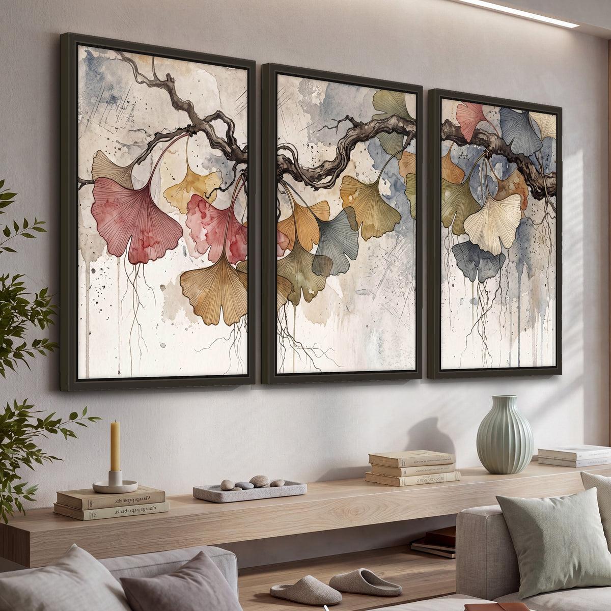 Ginkgo leaves watercolor painting 3 piece framed canvas in a living room above a console